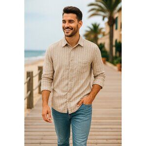 H&M Slim Fit Button-Up Shirt Men’s Small Beige Stripe Linen Blend Long Sleeve